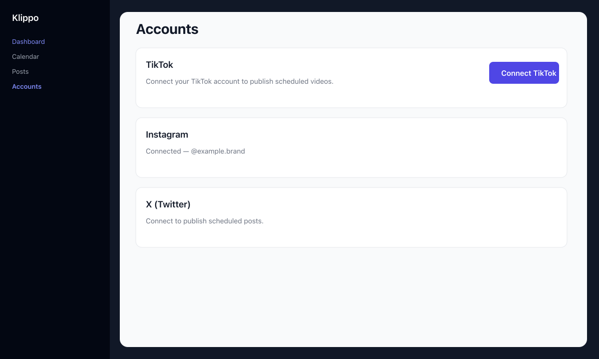 Klippo Accounts page with Connect TikTok button