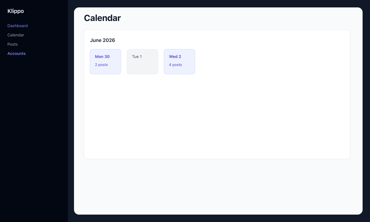 Klippo calendar view of scheduled posts