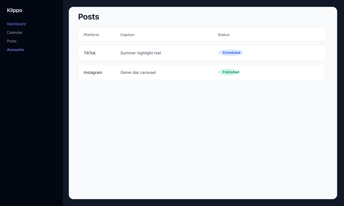 Klippo posts table with platform and status
